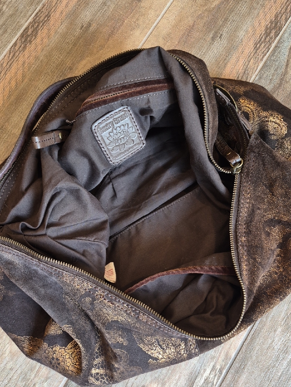 Lucky Brand Brown Suede & Gold Foilage Pleated Detail Bohemian Hobo Shoulder Bag - Picture 6 of 16